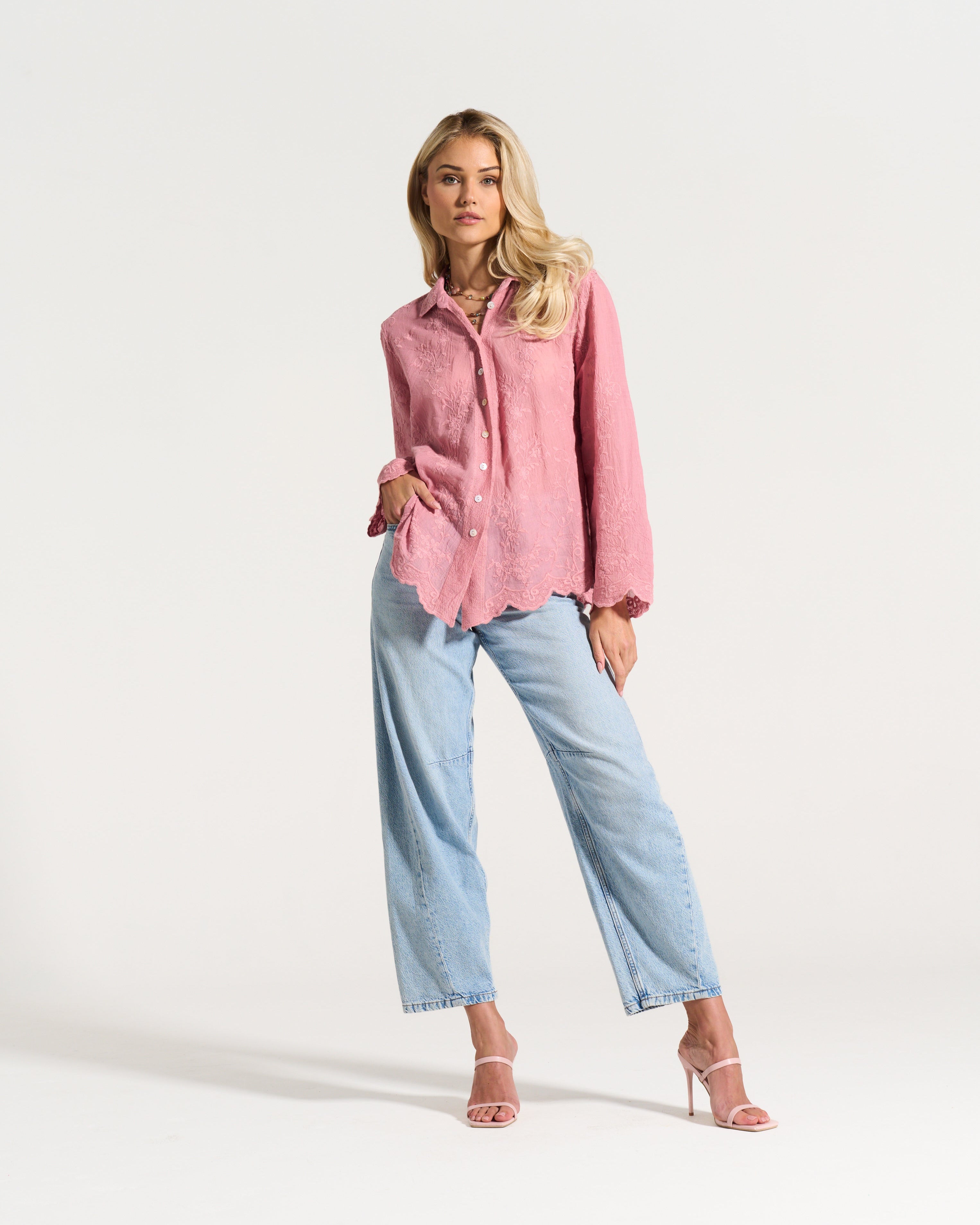 Ditsy Cotton Applique Shirt in Soft Pink