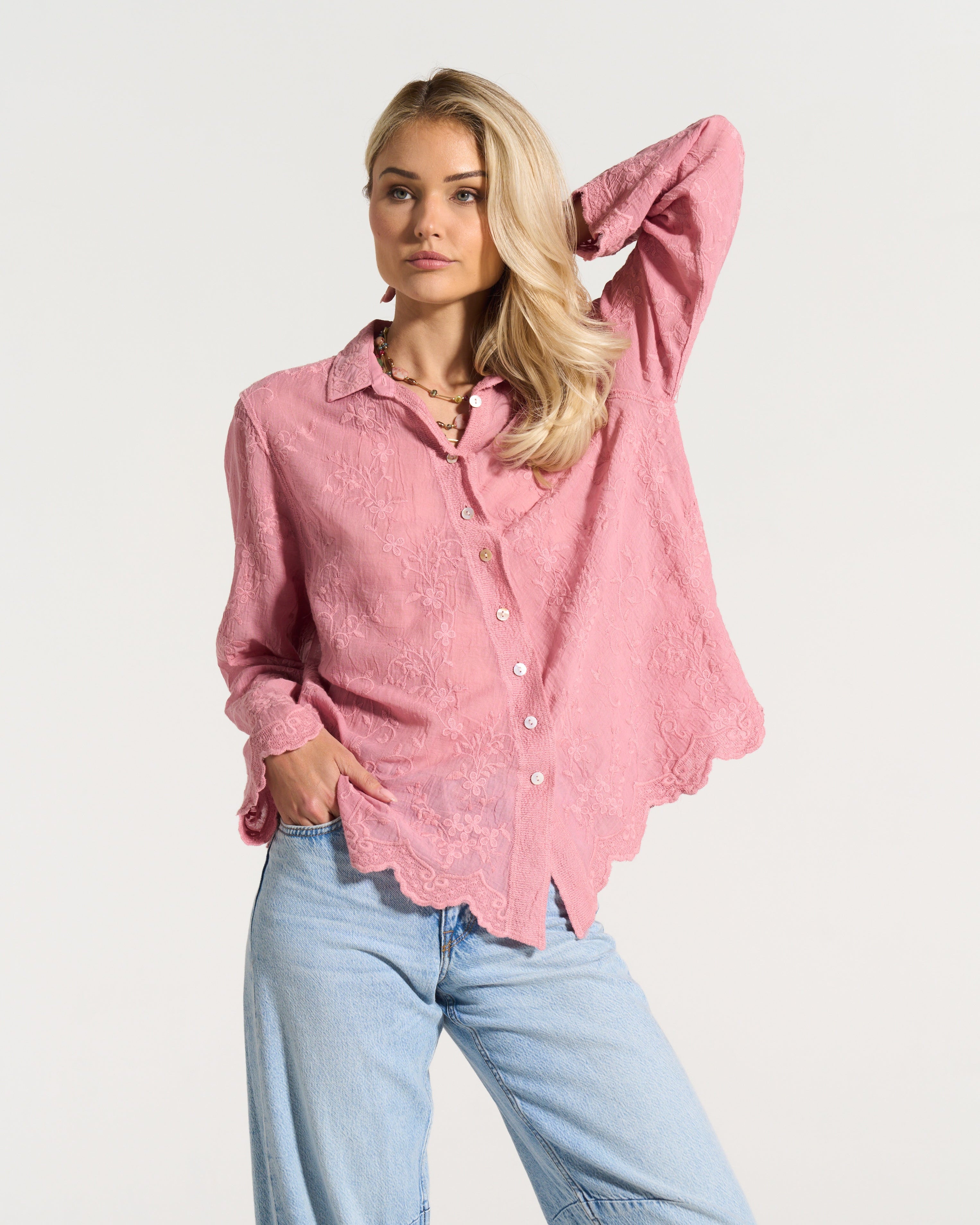 Ditsy Cotton Applique Shirt in Soft Pink