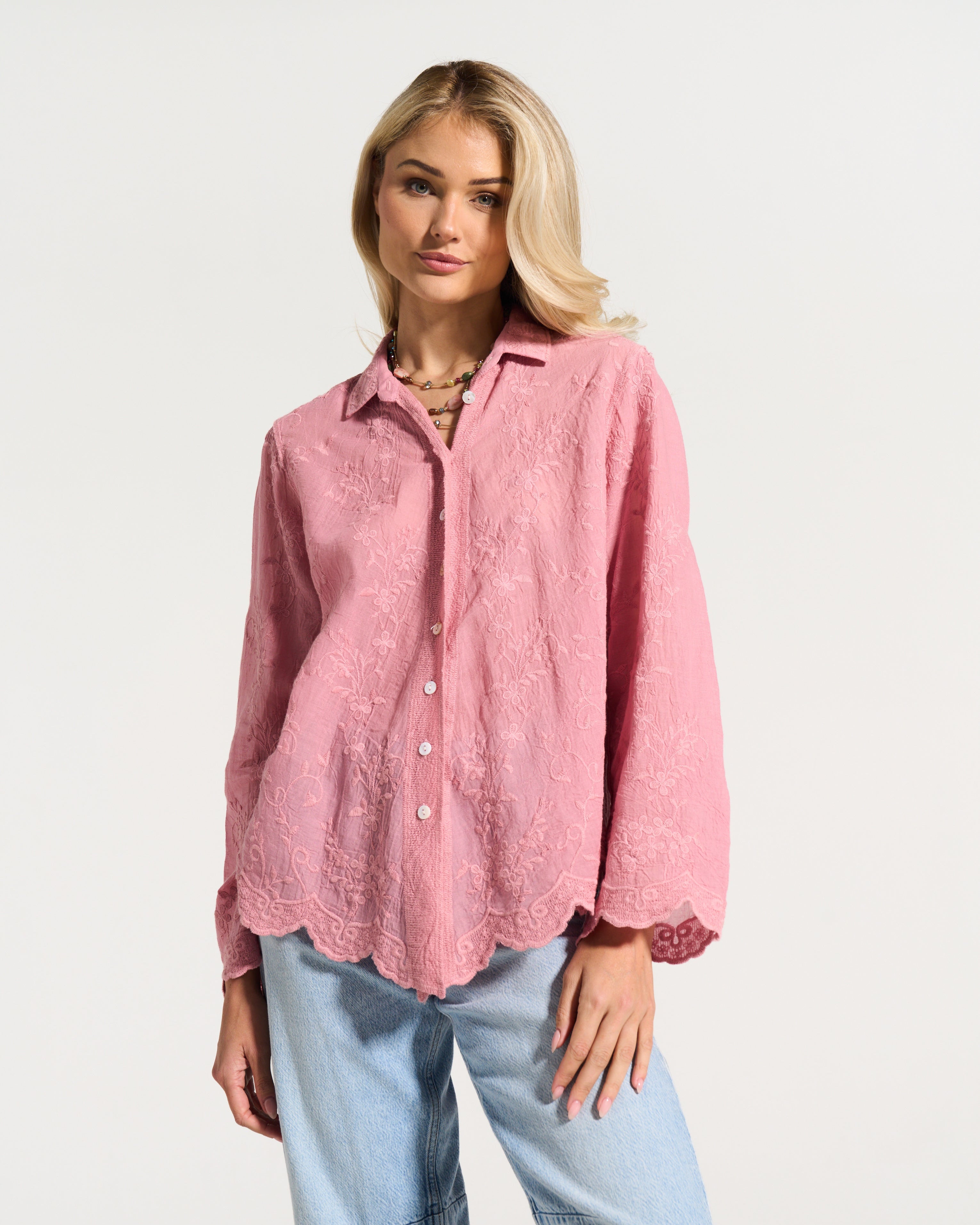 Ditsy Cotton Applique Shirt in Soft Pink