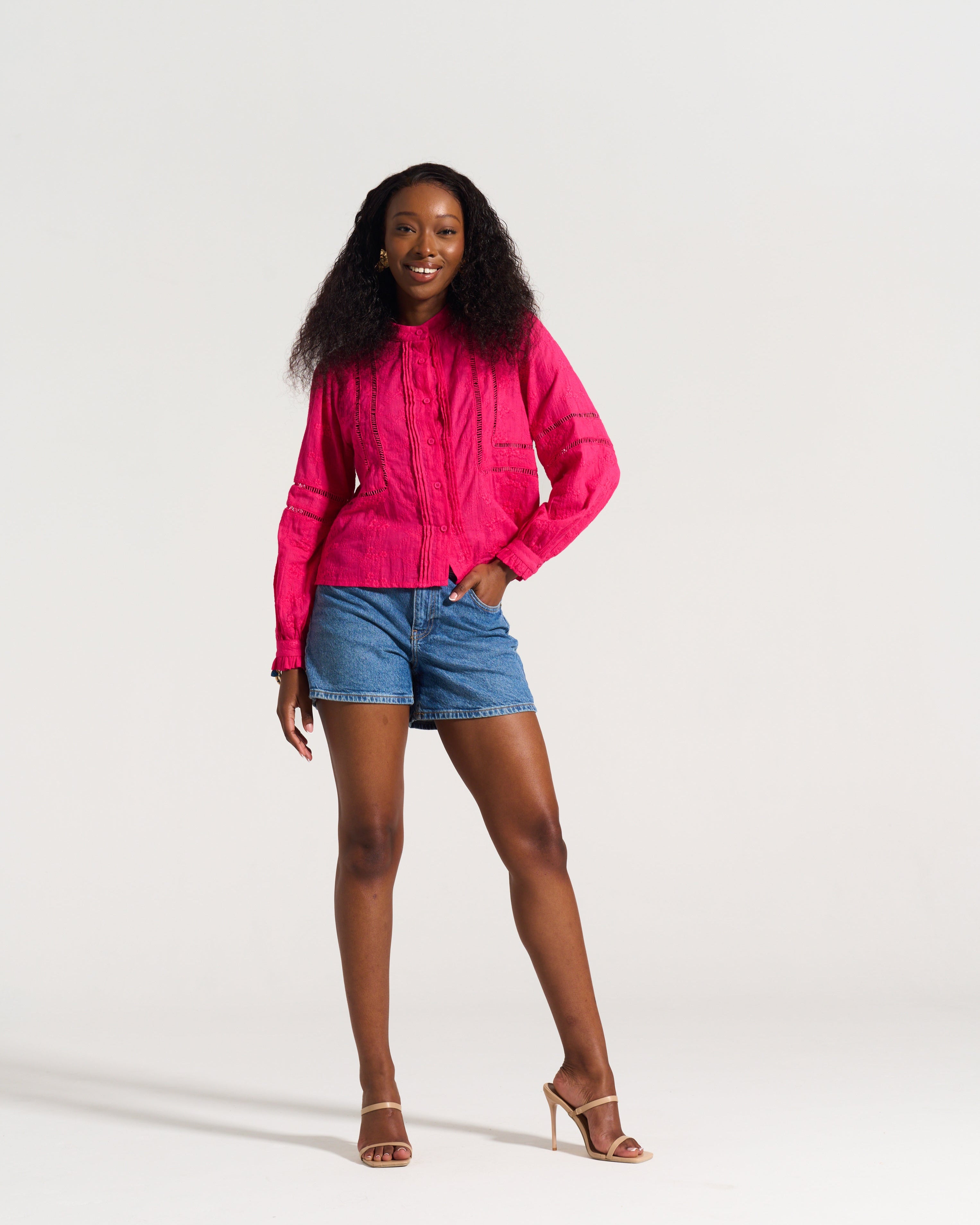 Ladder Trim Shirt in Hot Pink