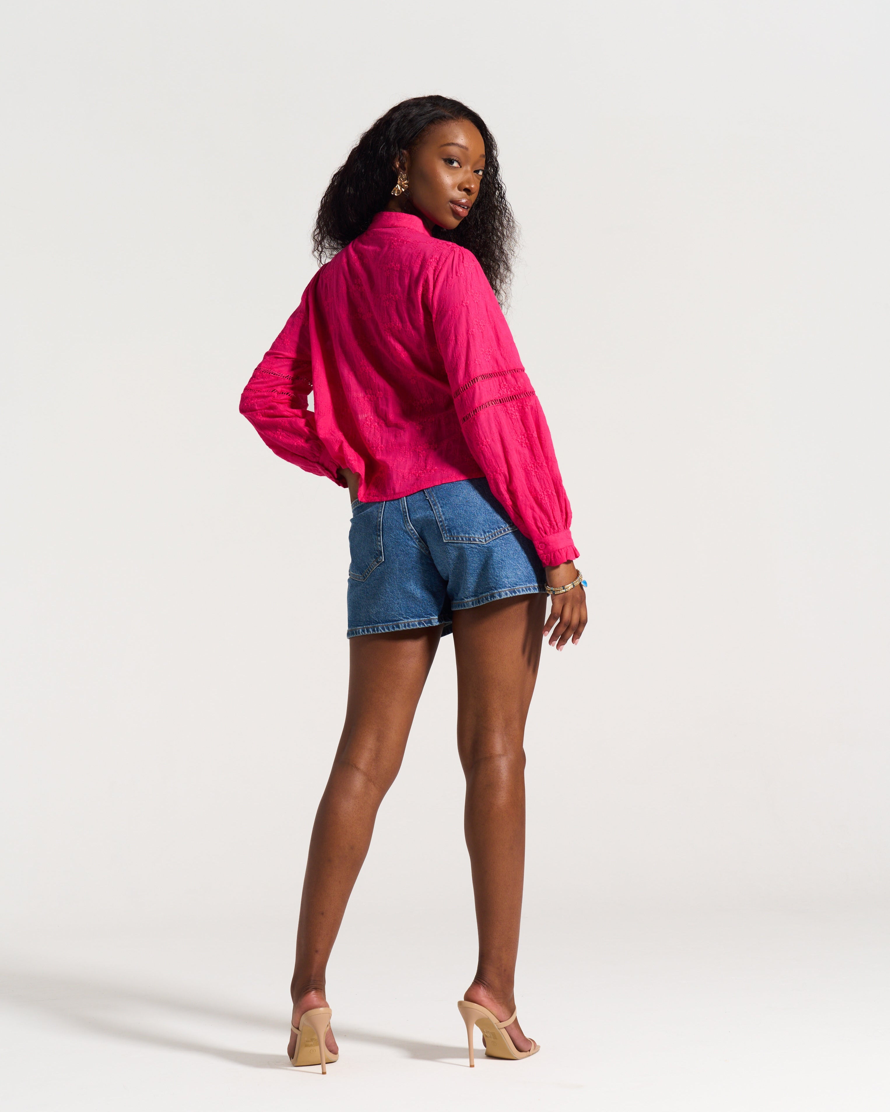 Ladder Trim Shirt in Hot Pink