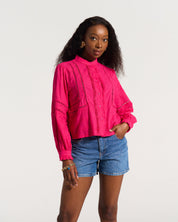 Ladder Trim Shirt in Hot Pink