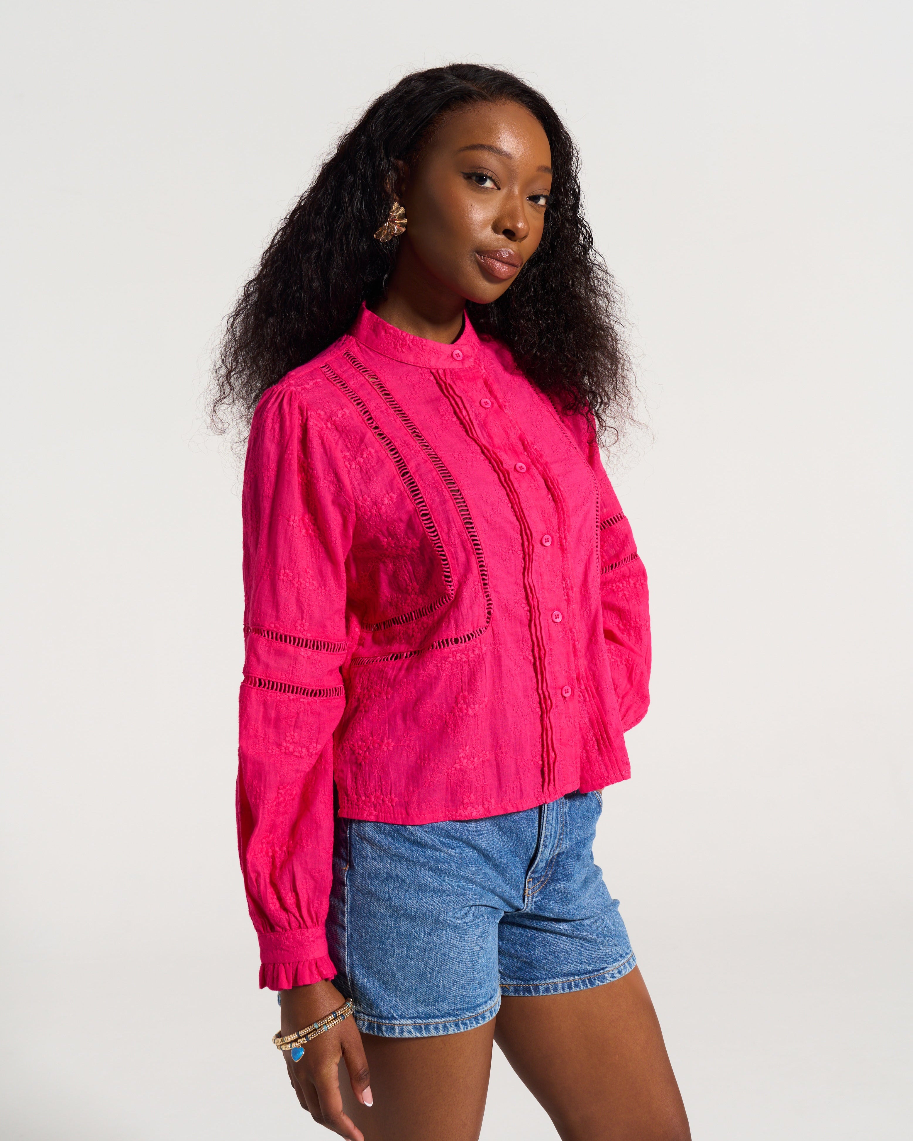 Ladder Trim Shirt in Hot Pink