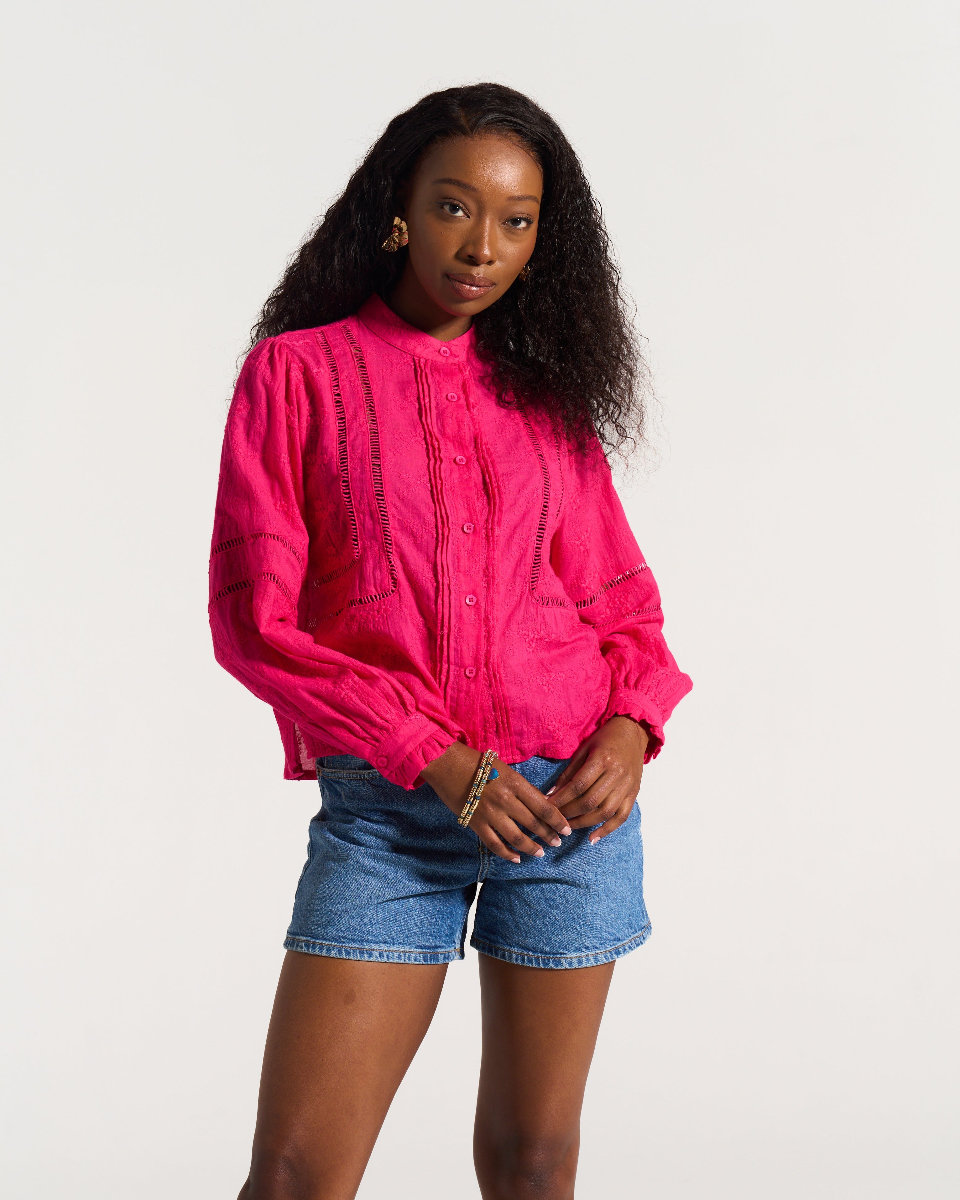 Ladder Trim Shirt in Hot Pink