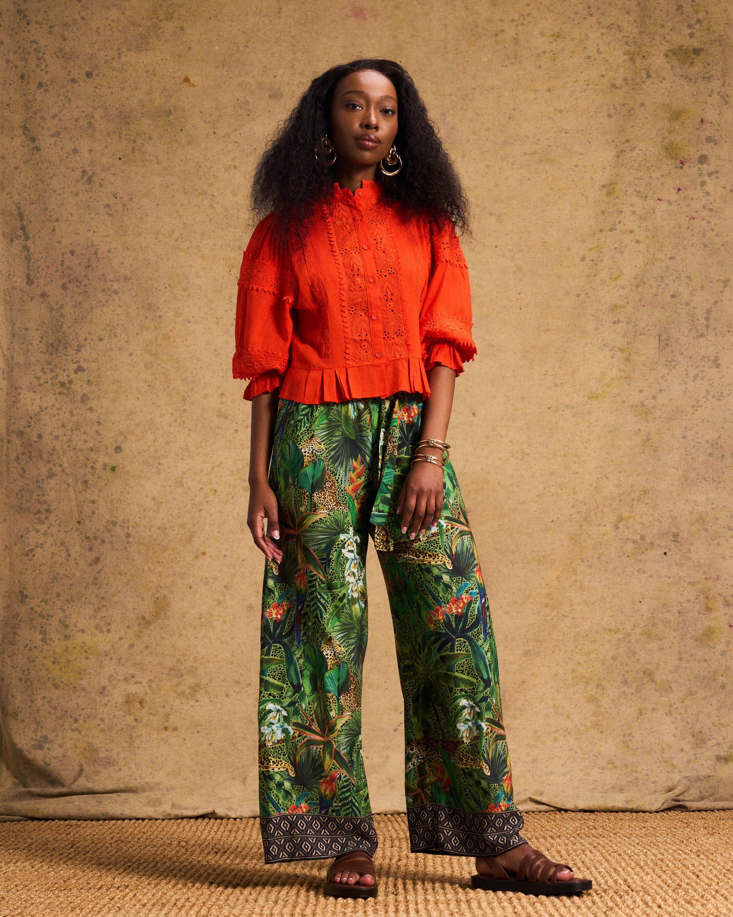 Linen Trim Blouse Orange