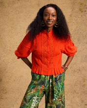 Linen Trim Blouse Orange