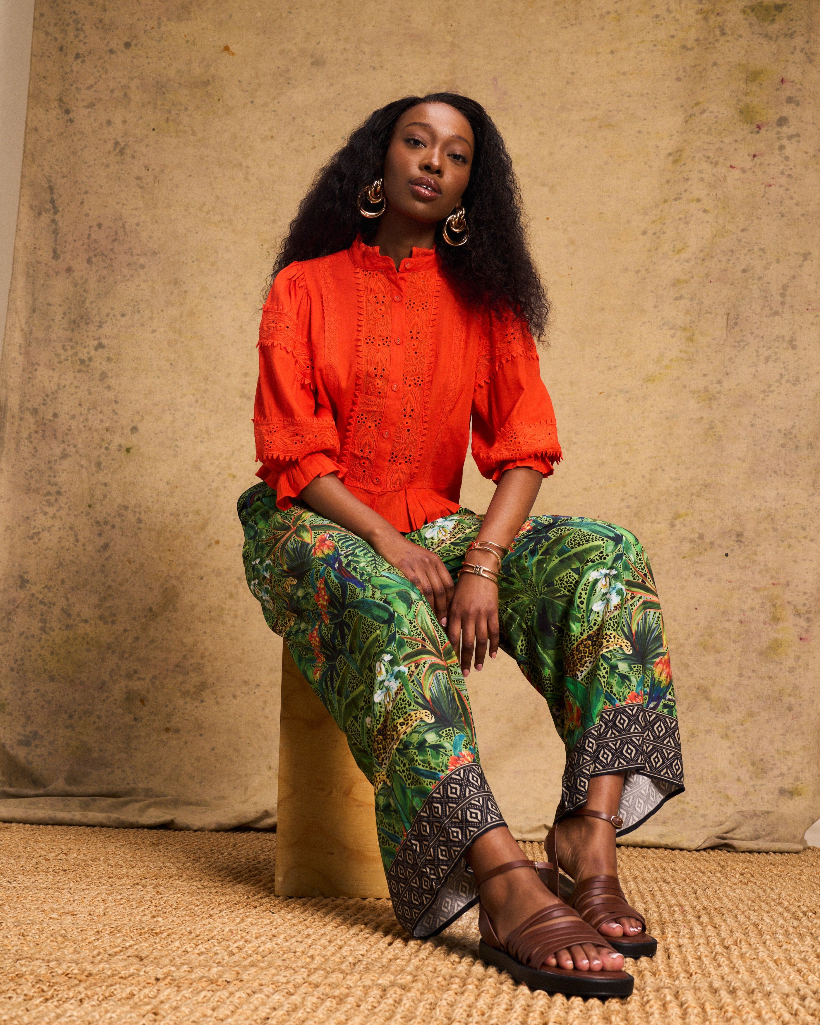 Linen Trim Blouse Orange
