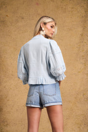 Linen Trim Blouse Sky Blue