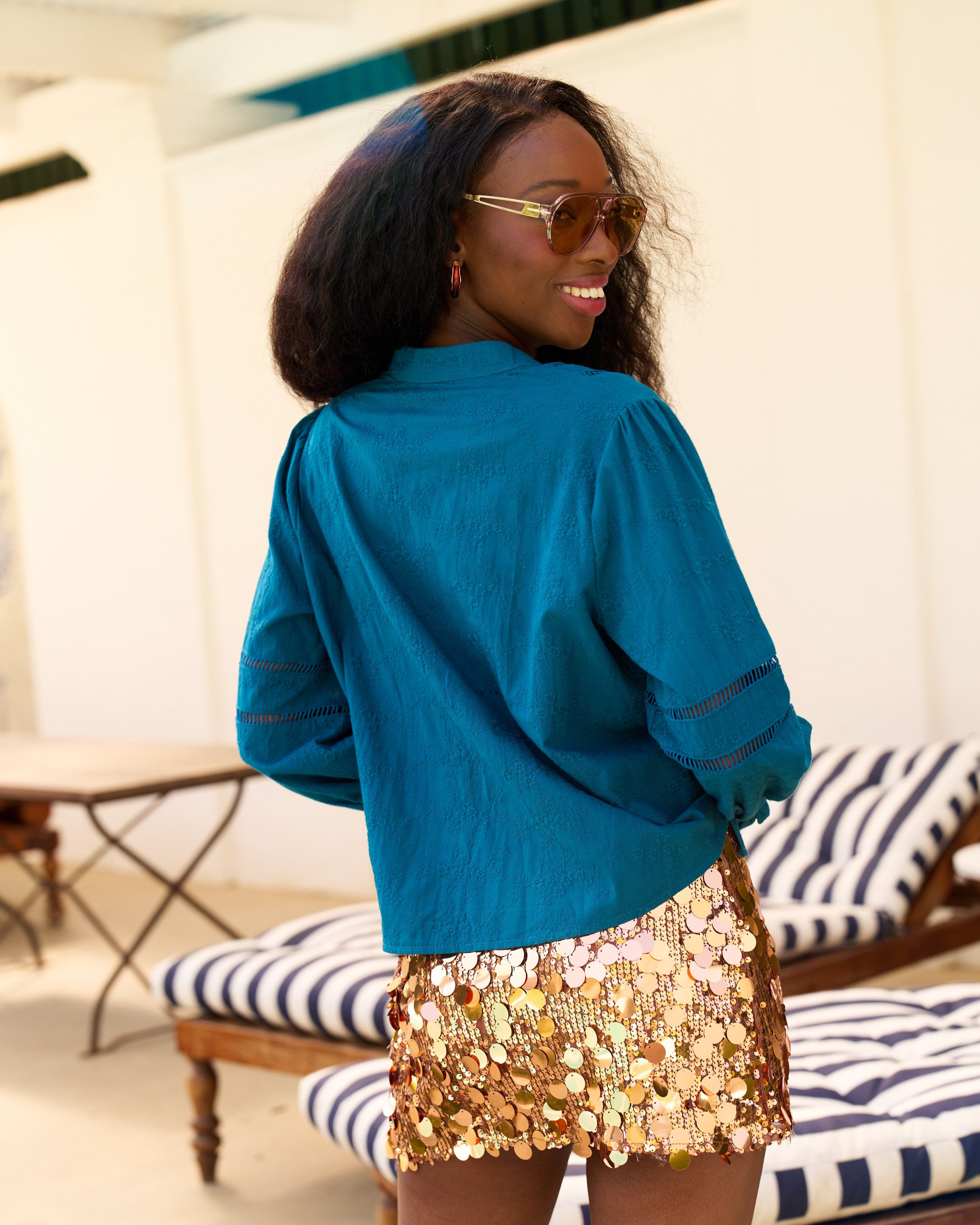 Ladder Trim Shirt in Teal