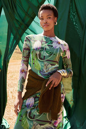 Green Printed Column Mesh Dress