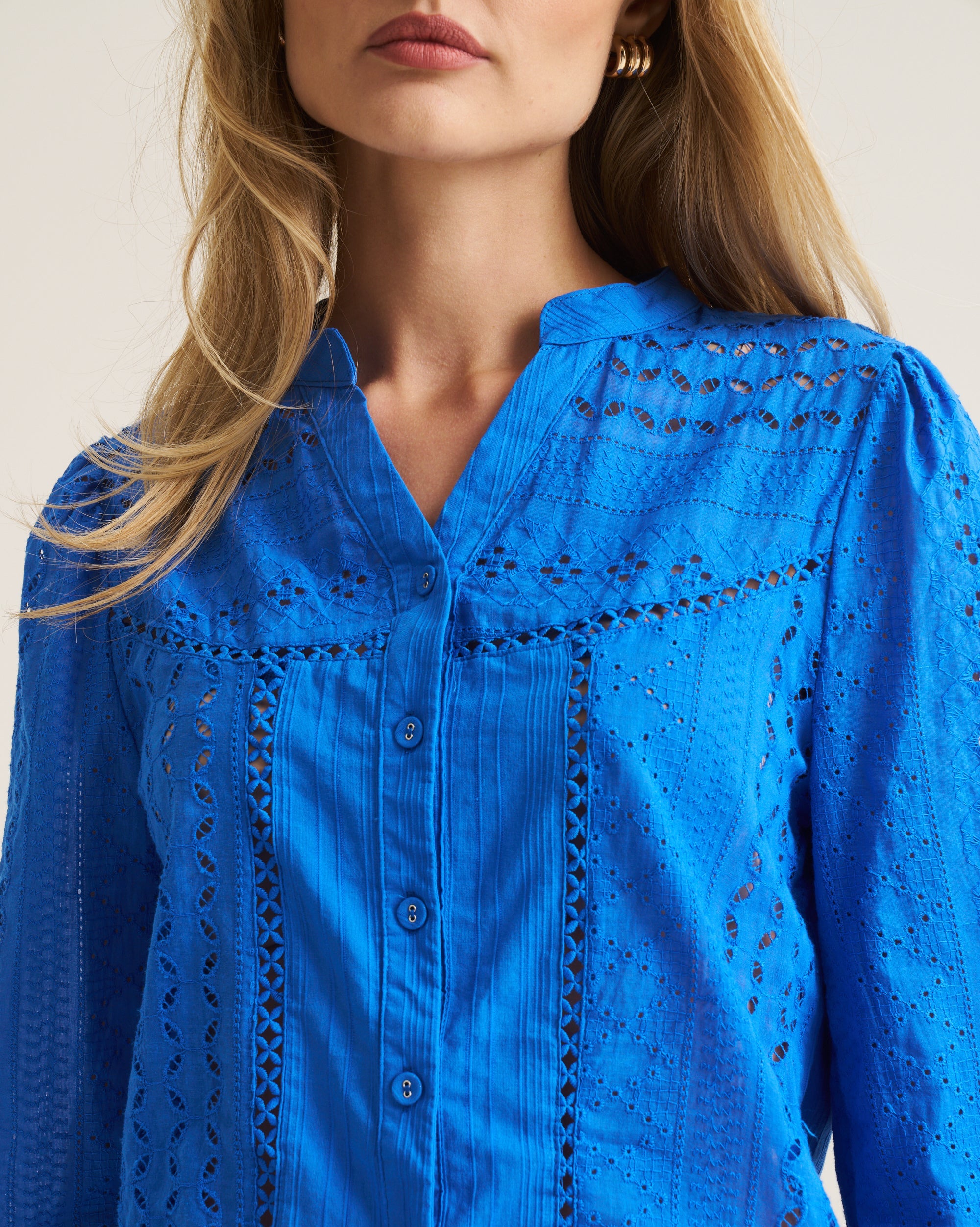 Cotton Anglaise Trim Blouse - Cobalt