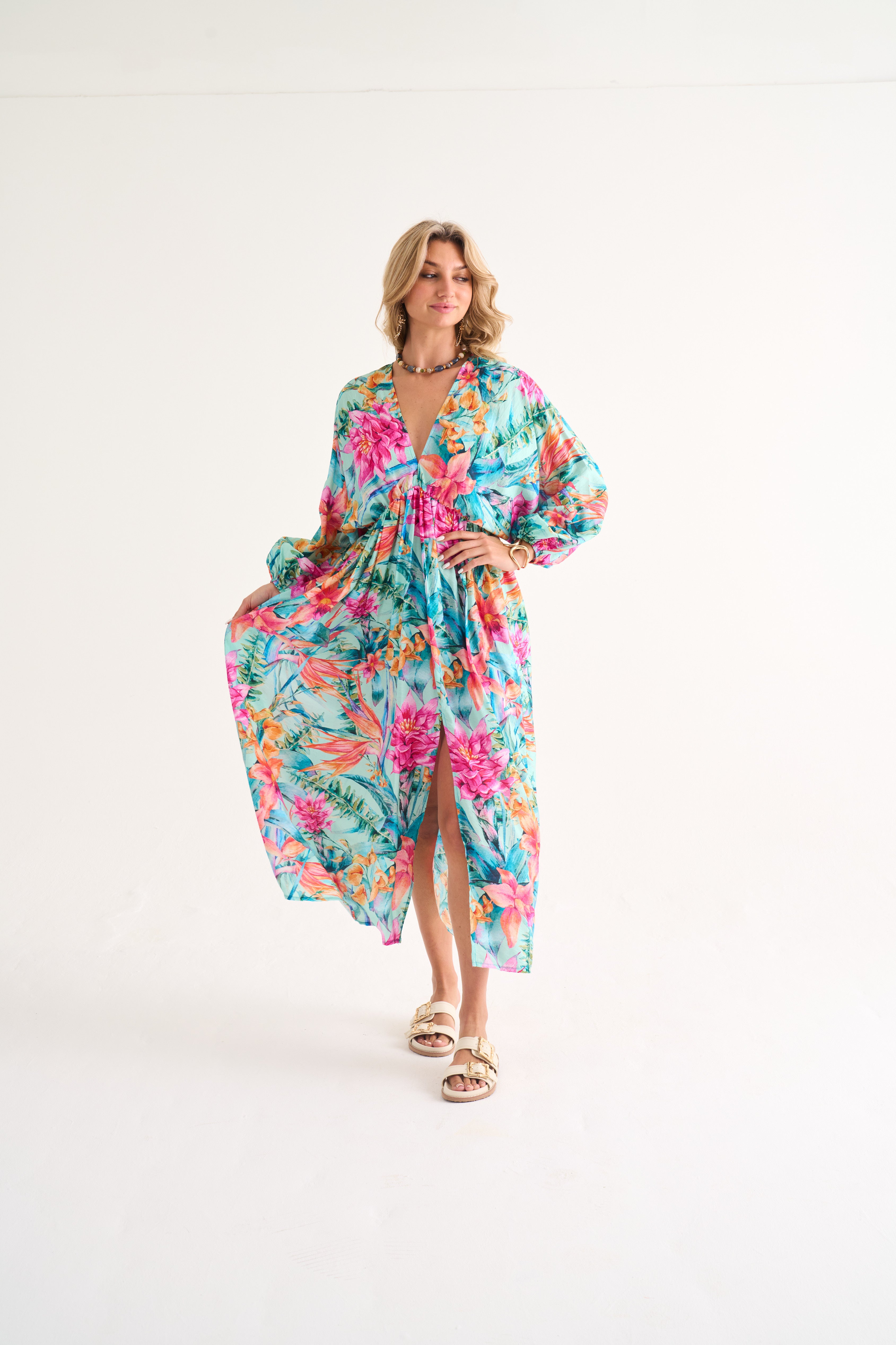 tropical print dress (turqoise)