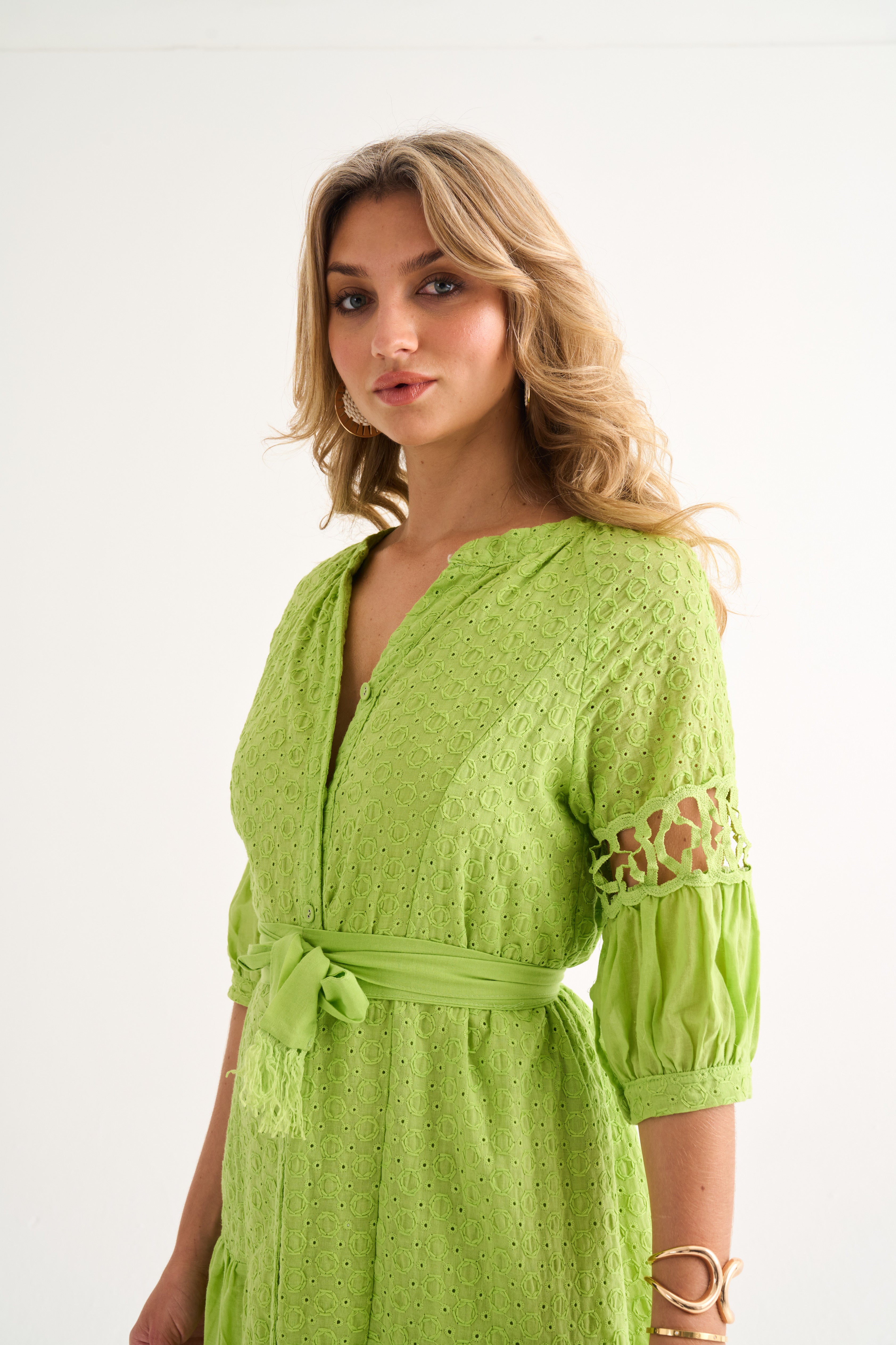 Lime Pippa Macrame Pure Cotton Anglaise Dress