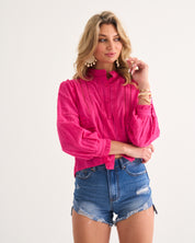 Ladder Trim Shirt in Hot Pink