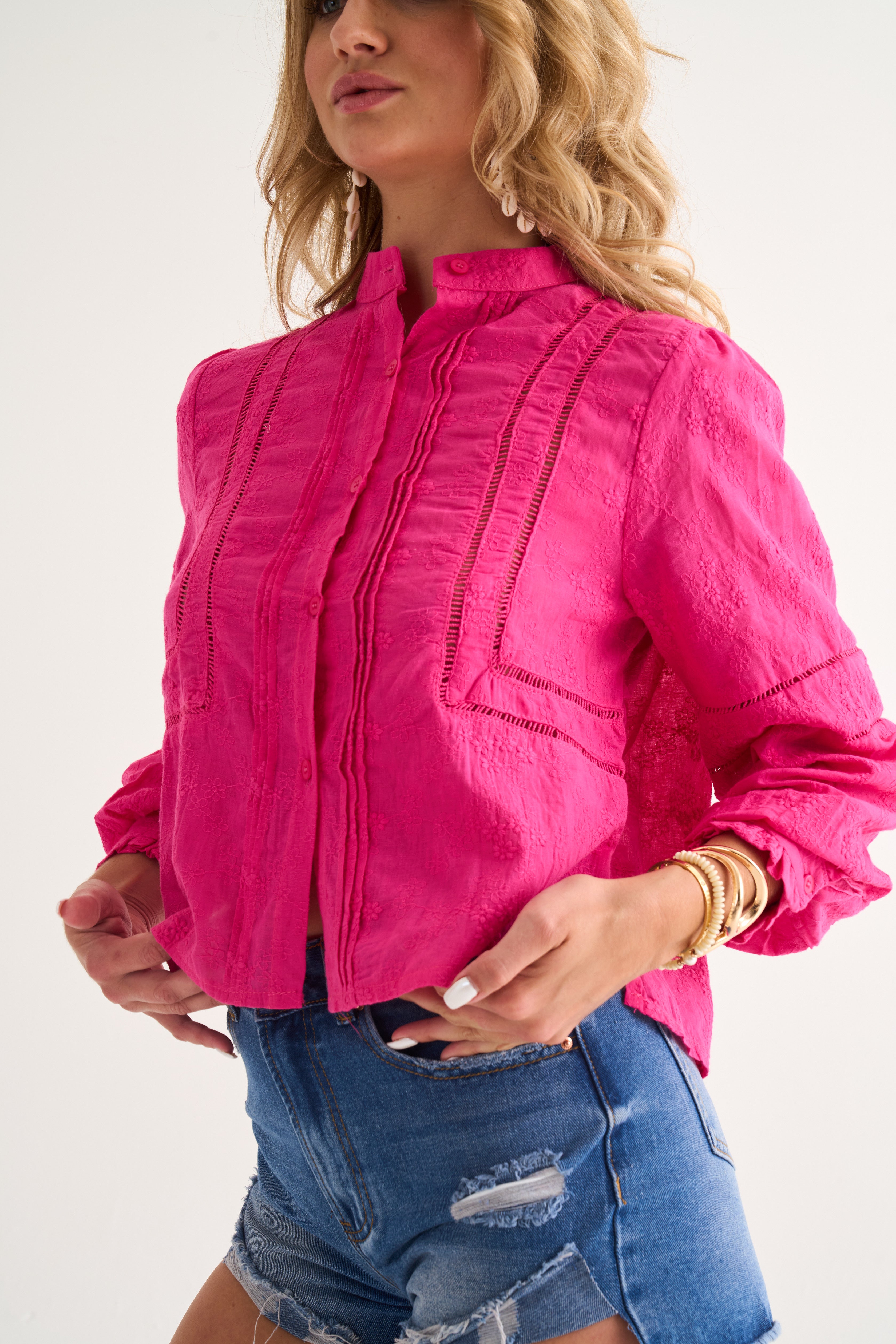 Ladder Trim Shirt in Hot Pink