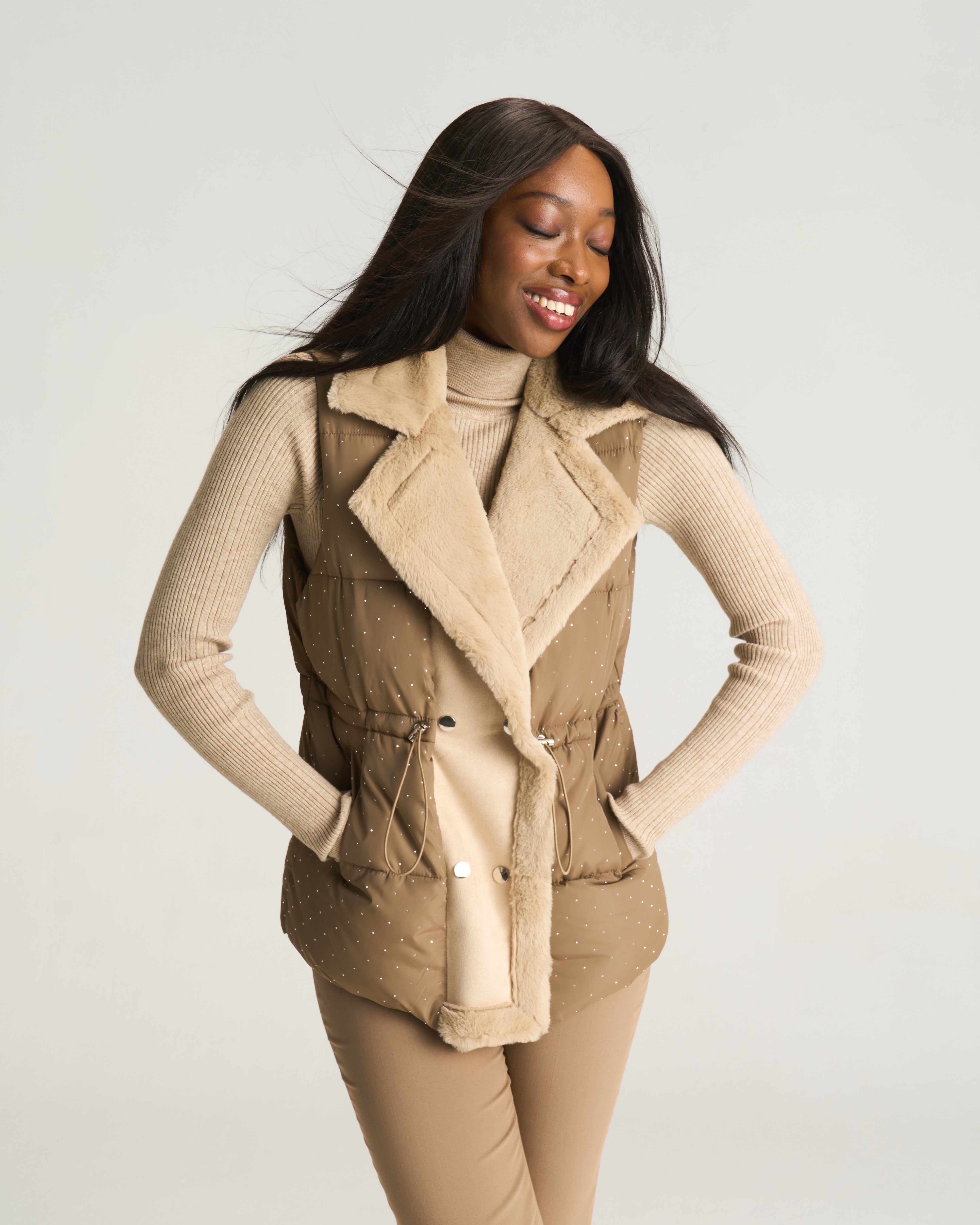 Beige Faux Fur Trim Body Warmer