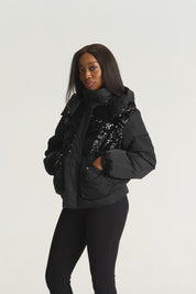 Black Sequin Patch Puffer Jacket