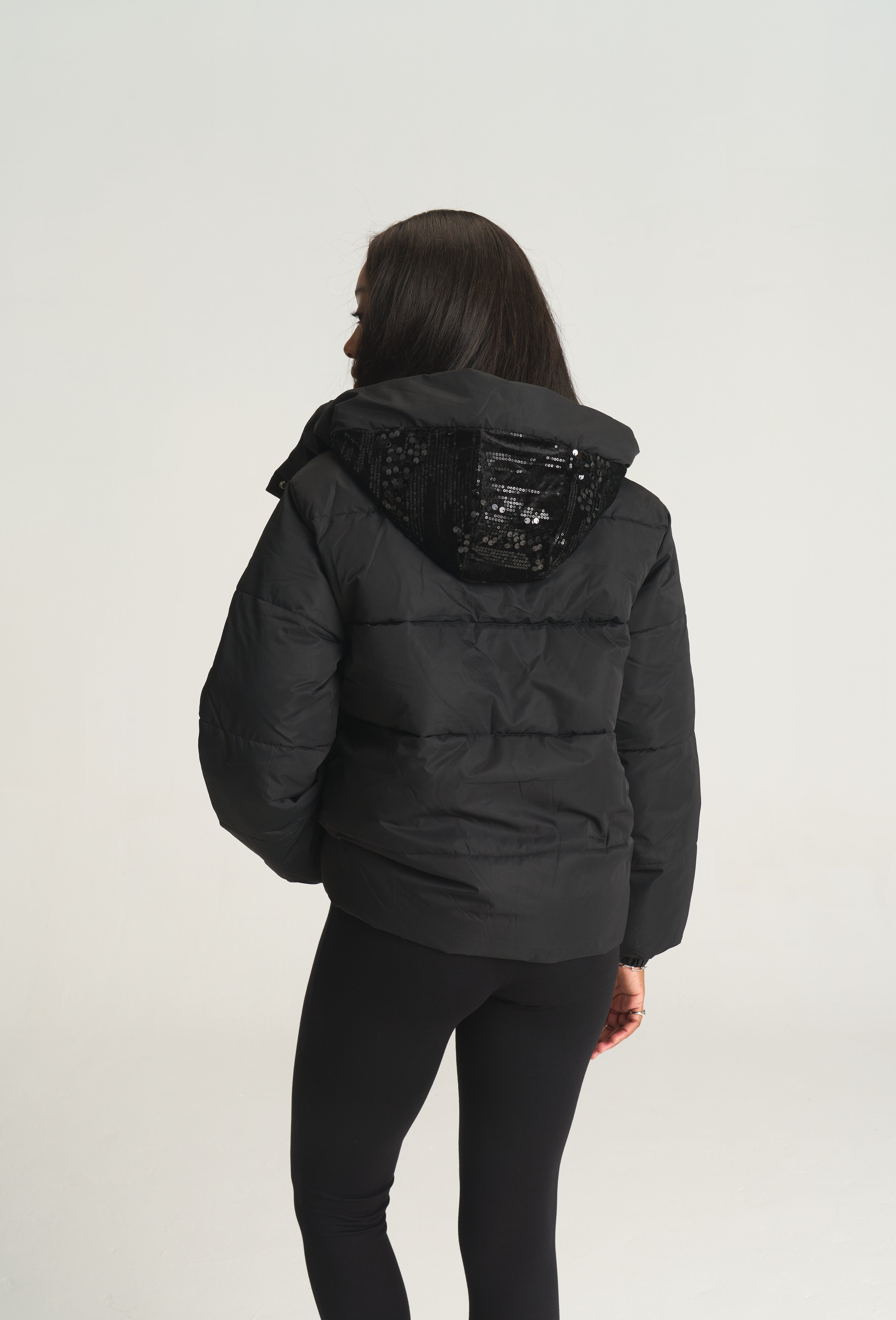 Black Sequin Patch Puffer Jacket