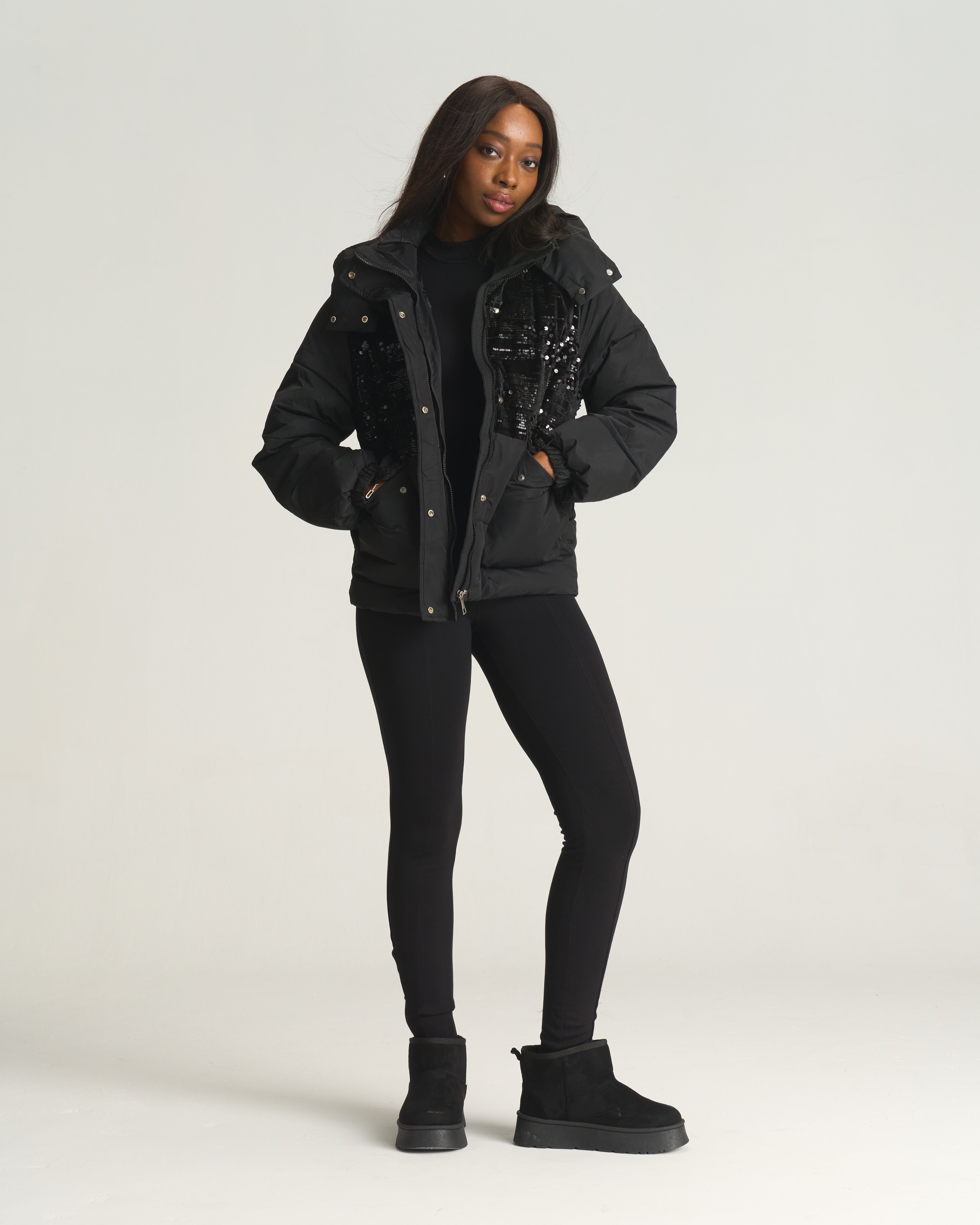 Black Sequin Patch Puffer Jacket