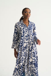 Navy Print Misty Shirt Dress – Famous Easy-Wearing Style with Pockets