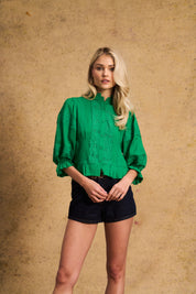 Linen Trim Blouse Green