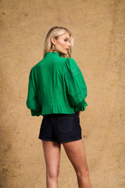Linen Trim Blouse Green