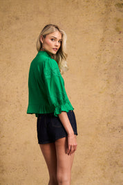 Linen Trim Blouse Green