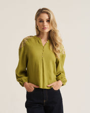 Embroidered Boho Blouse - Moss Green