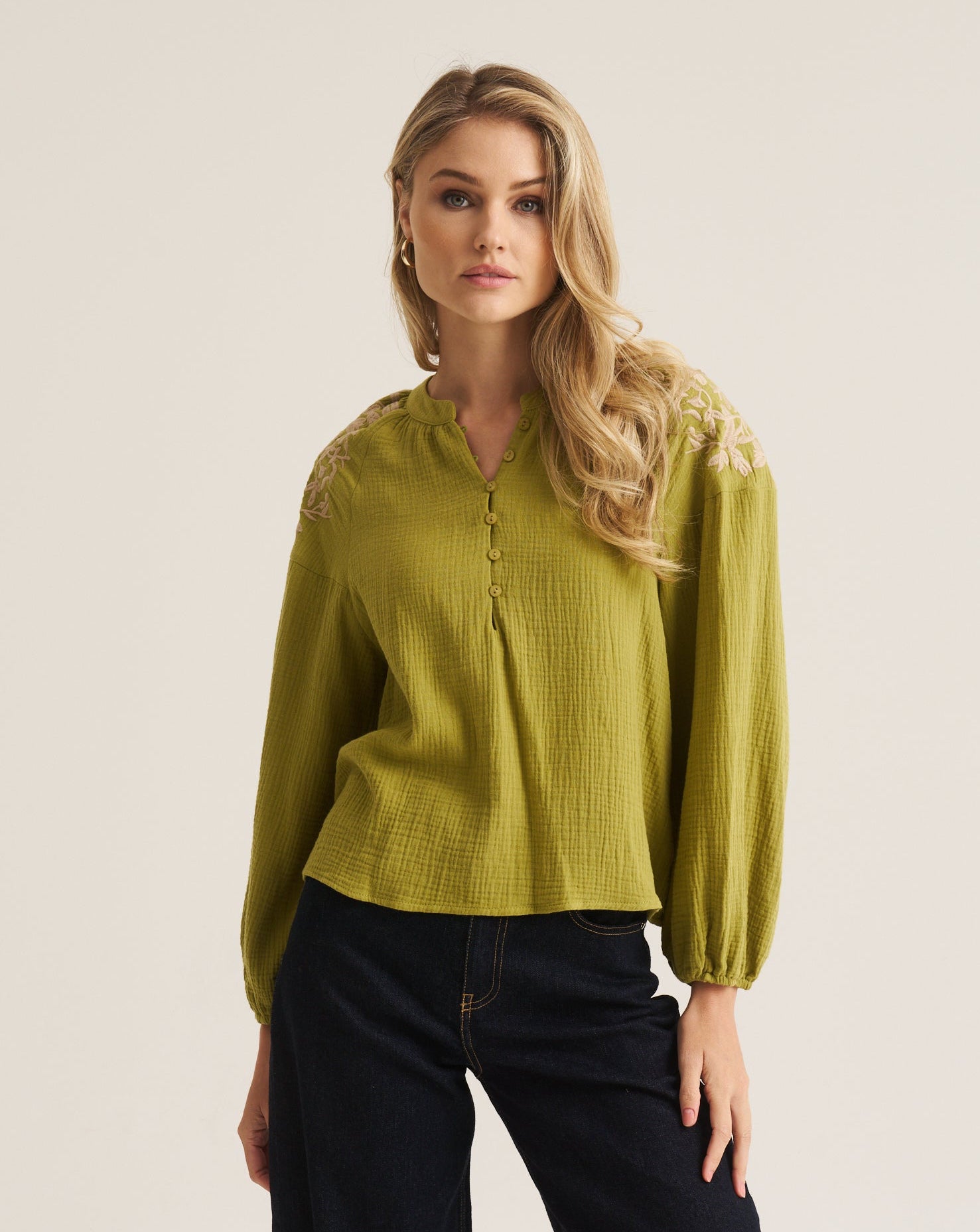 Embroidered Boho Blouse - Moss Green