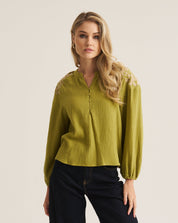 Embroidered Boho Blouse - Moss Green