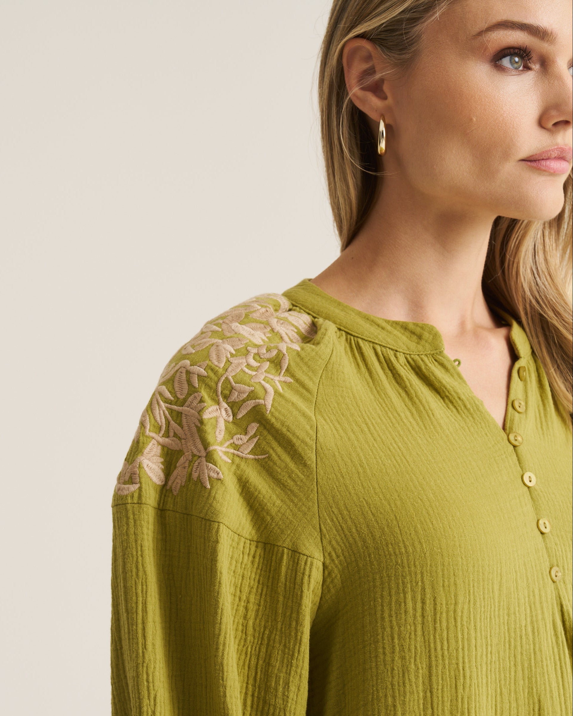 Embroidered Boho Blouse - Moss Green