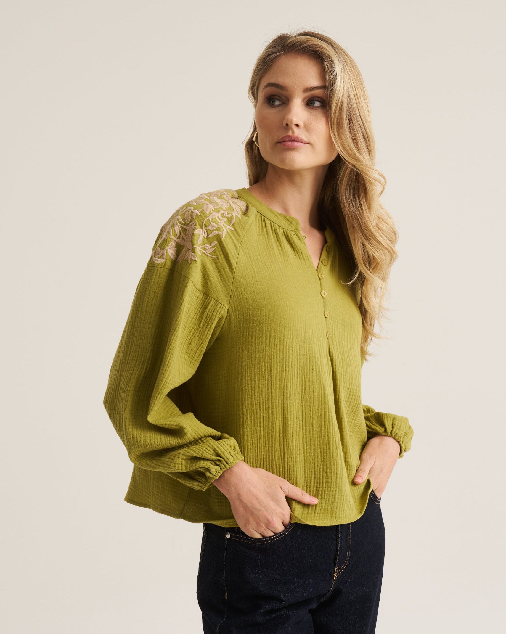 Embroidered Boho Blouse - Moss Green