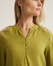 Embroidered Boho Blouse - Moss Green