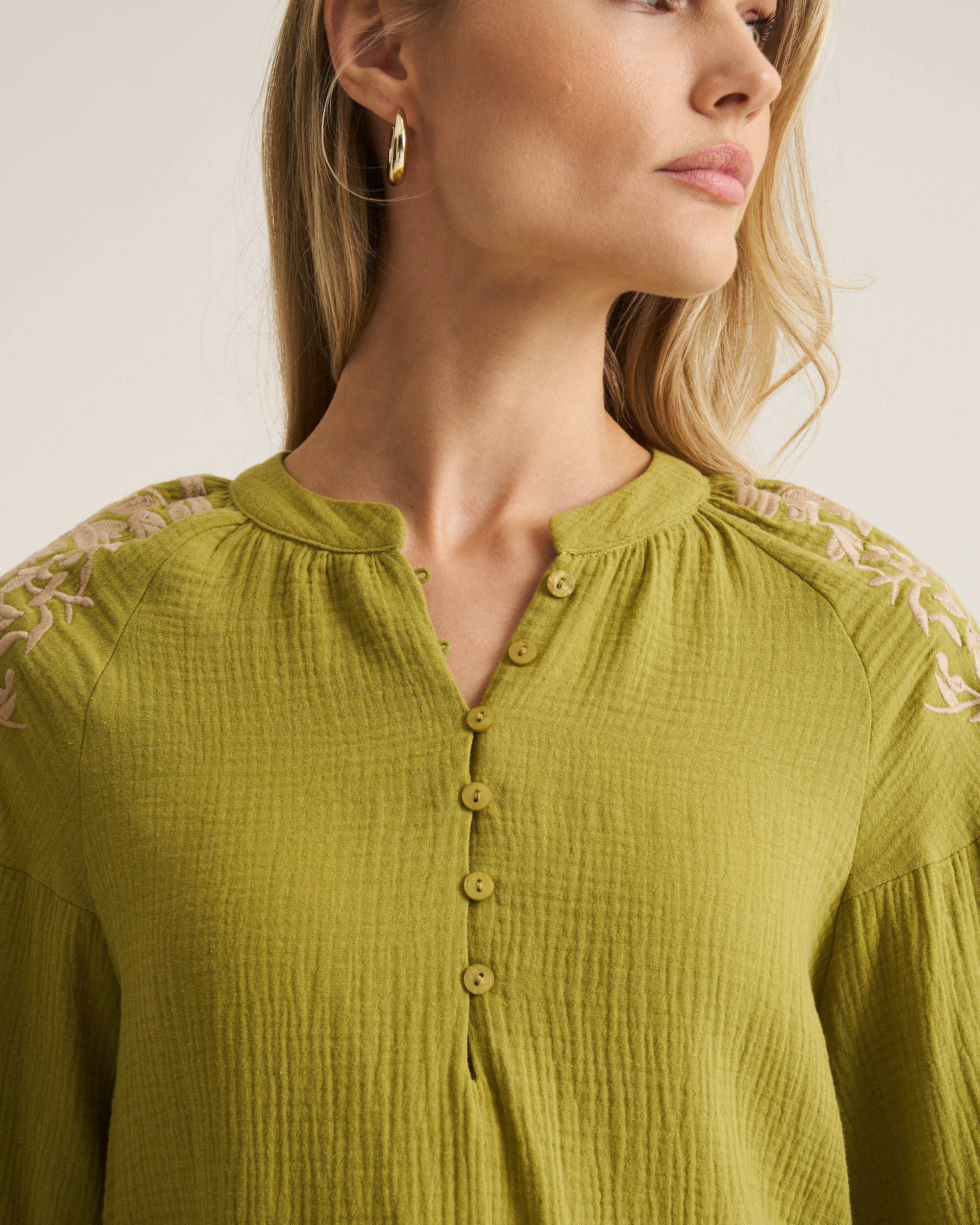Embroidered Boho Blouse - Moss Green
