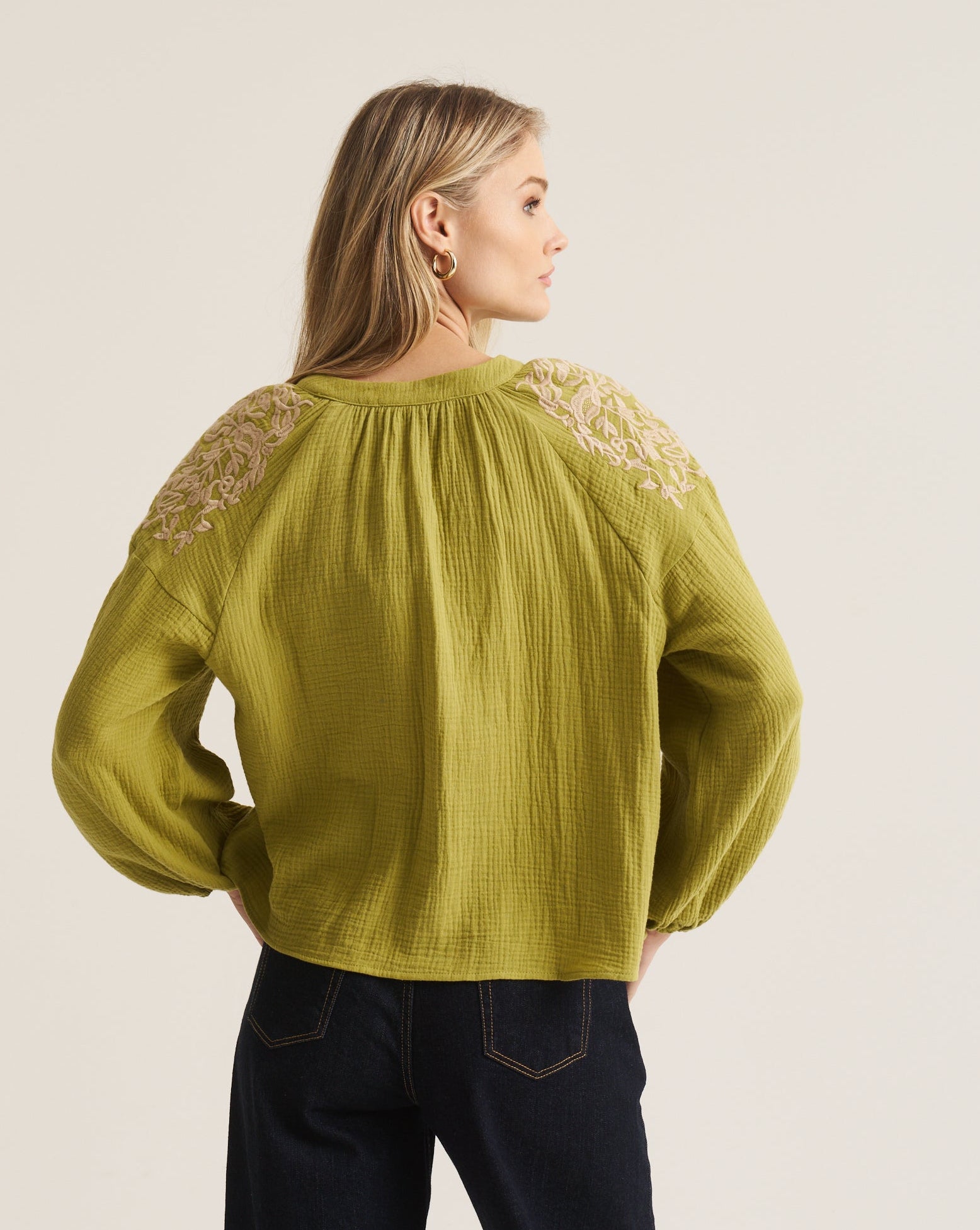 Embroidered Boho Blouse - Moss Green