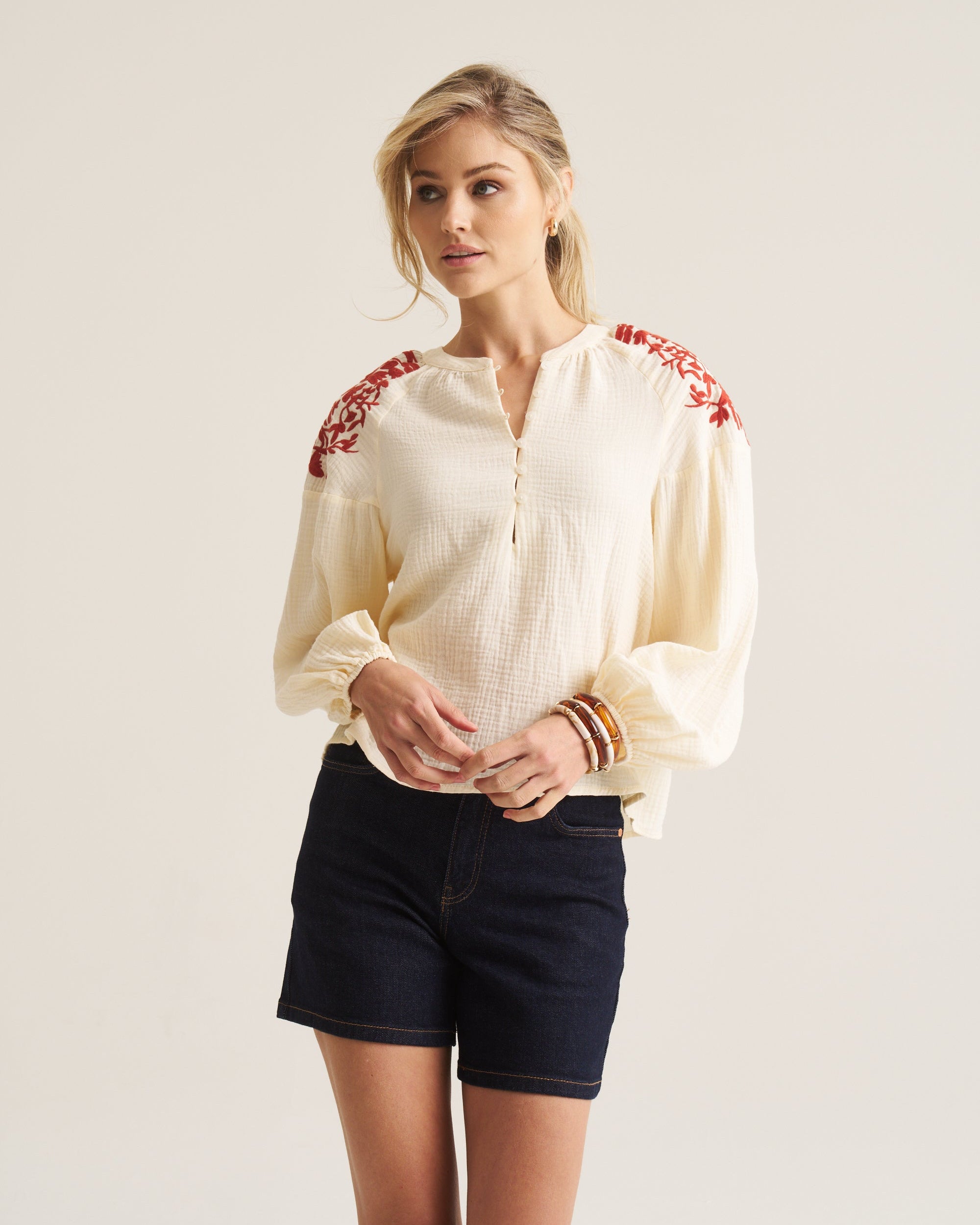 Embroidered Boho Blouse - Cream