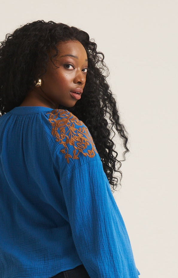 Embroidered Boho Blouse - Blue