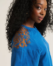 Embroidered Boho Blouse - Blue