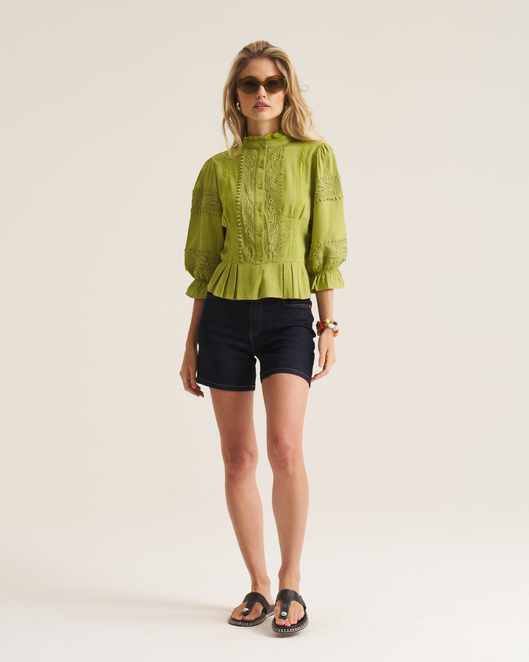 Linen Trim Blouse - Chartruese