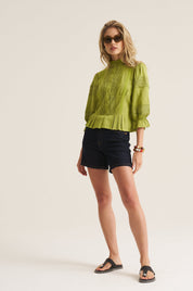 Linen Trim Blouse - Chartruese