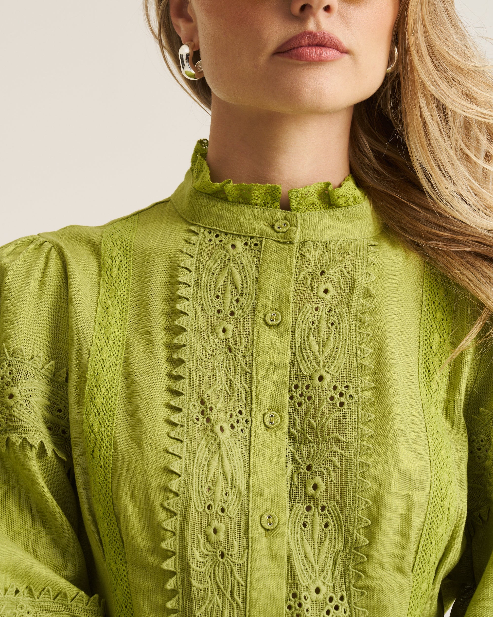 Linen Trim Blouse - Chartruese
