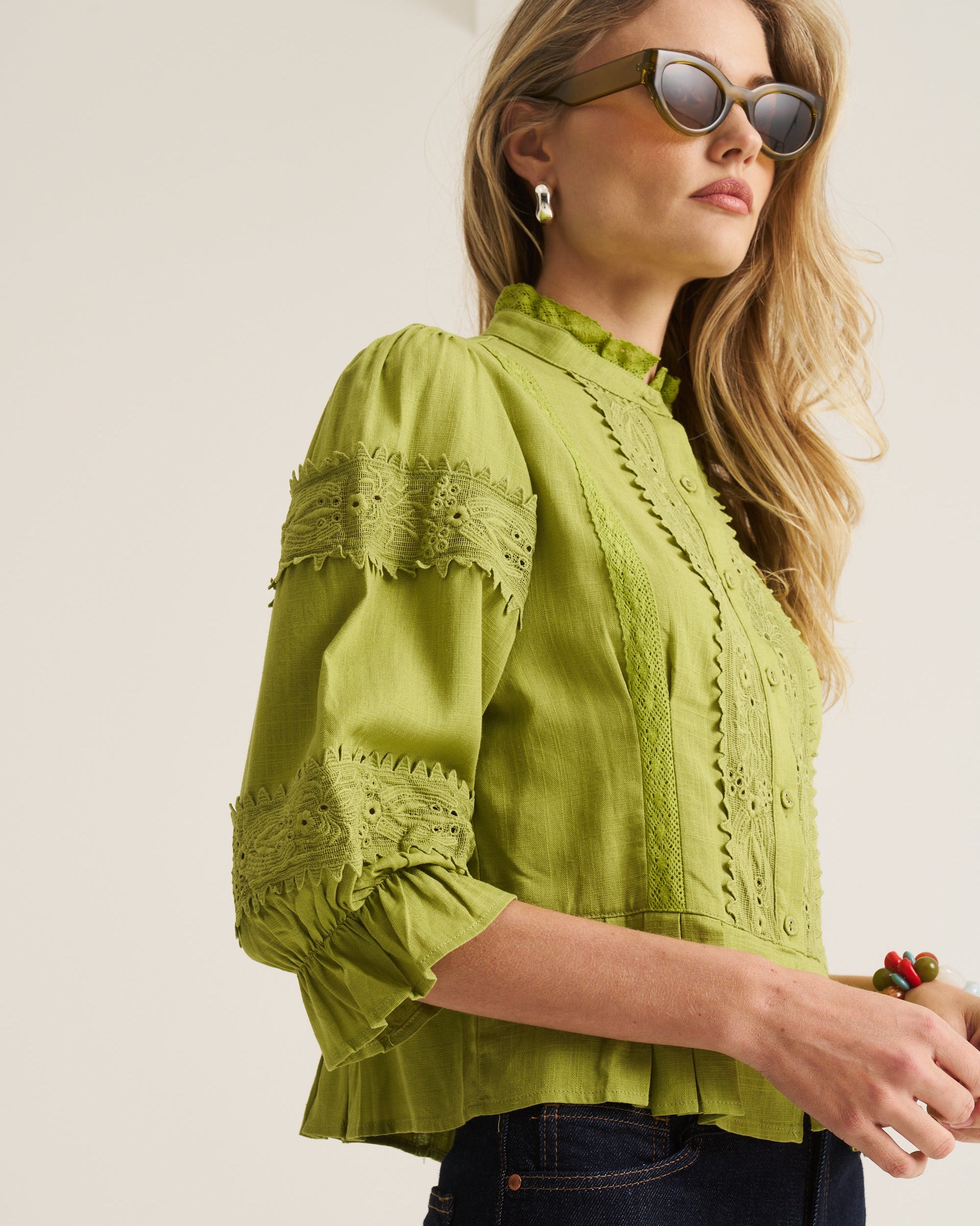 Linen Trim Blouse - Chartruese