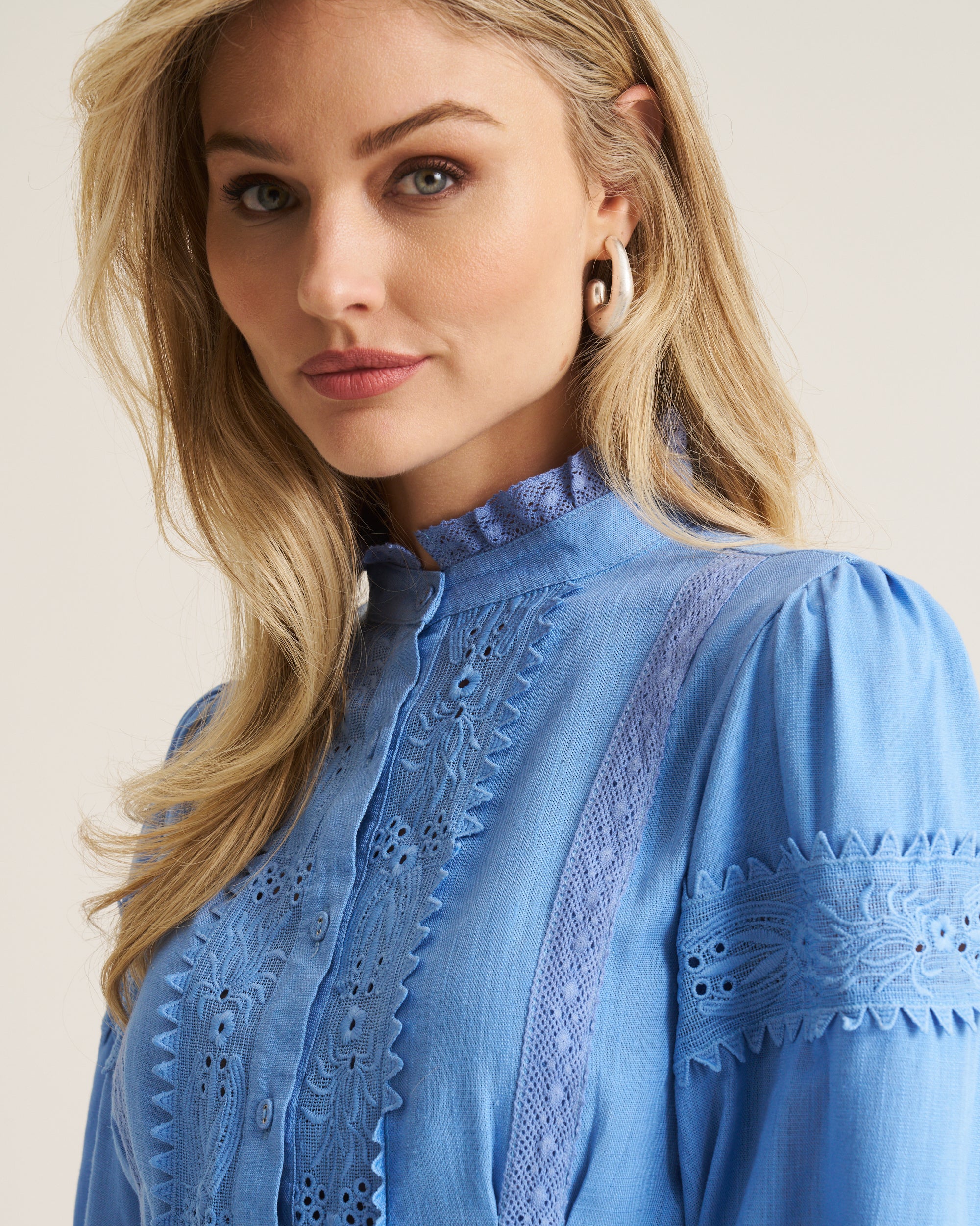 Linen Trim Blouse - Corn Flower