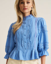Linen Trim Blouse - Corn Flower