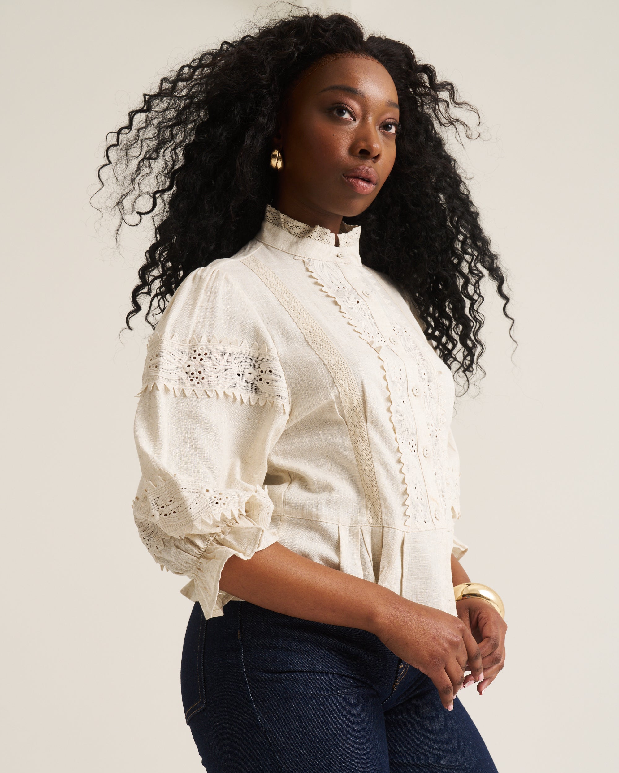 Linen Trim Blouse - Oat