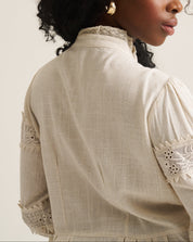 A woman with curly black hair is shown from the back wearing a cream-colored linen blouse with lace and eyelet embroidery on the collar, sleeves, and cuffs. She is wearing a gold hoop earring against a plain, light beige background.