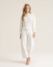 3D Floral Applique Trim Blouse - White