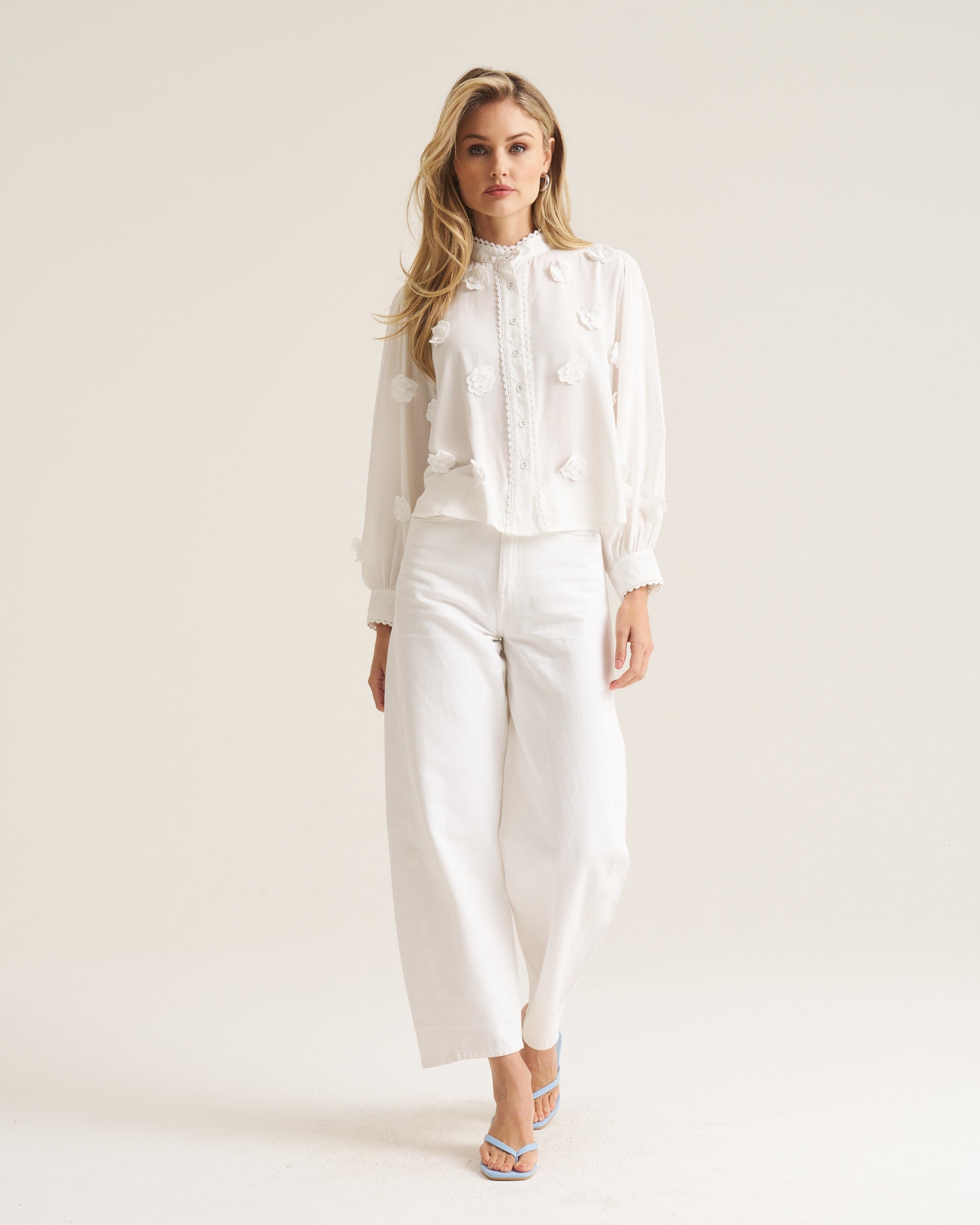 3D Floral Applique Trim Blouse - White