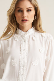 3D Floral Applique Trim Blouse - White