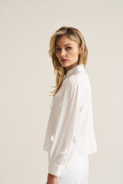3D Floral Applique Trim Blouse - White